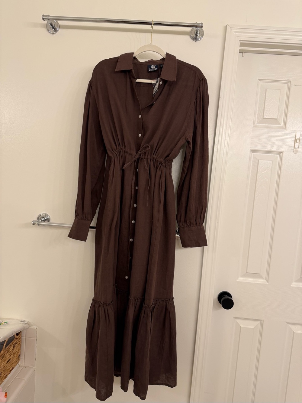 Drawstring Waist Brown Maxi Shirt Dress